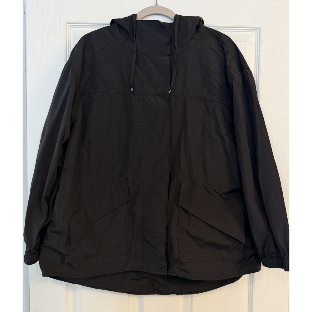 Eileen Fisher Rain Jacket Light Cotton Nylon Stand Collar Coat Black Sz MED FLAW